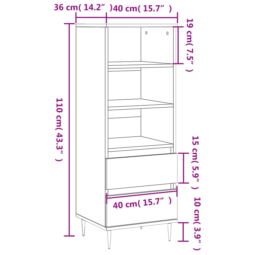 vidaXL Highboard høyglans hvit 40x36x110 cm konstruert tre