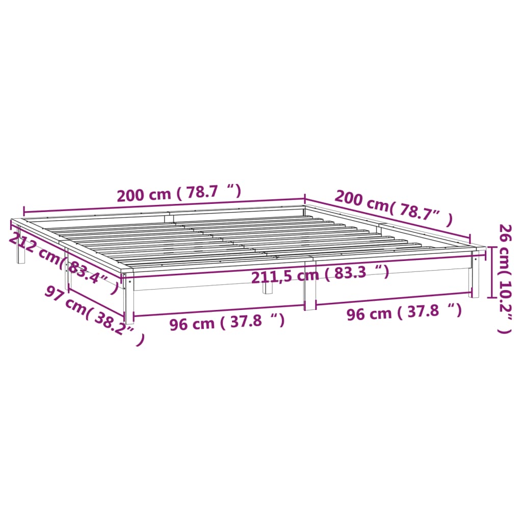 vidaXL Sengeramme med LED grå 200x200 cm heltre