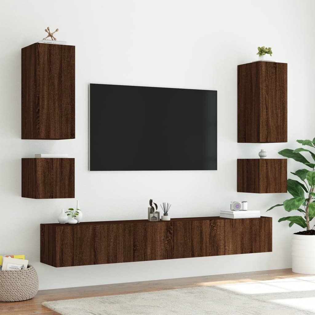 vidaXL Vegghengt TV-benk med LED brun eik 100x35x41 cm