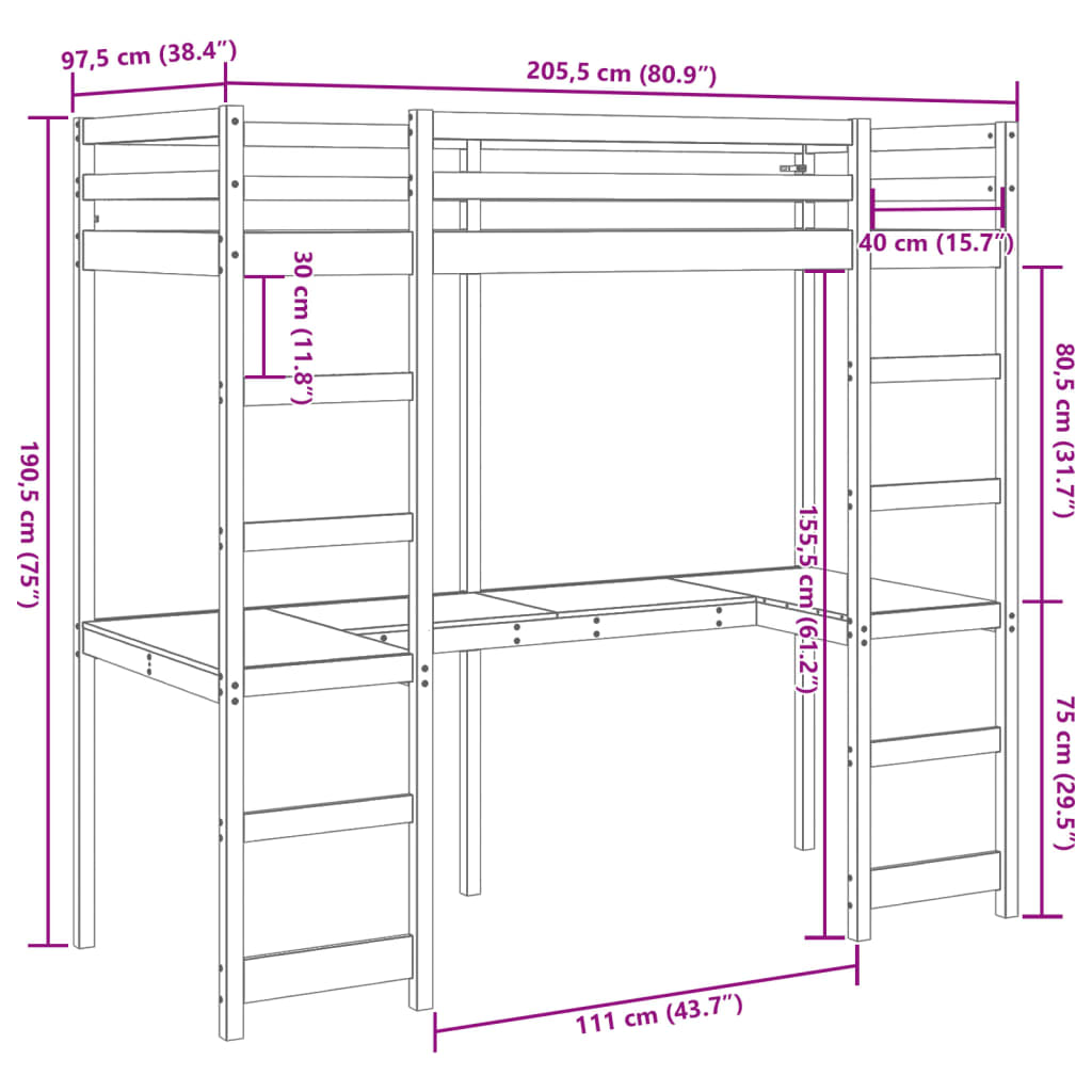 vidaXL Ramme for køyeseng med skrivebord 90x200 cm heltre furu