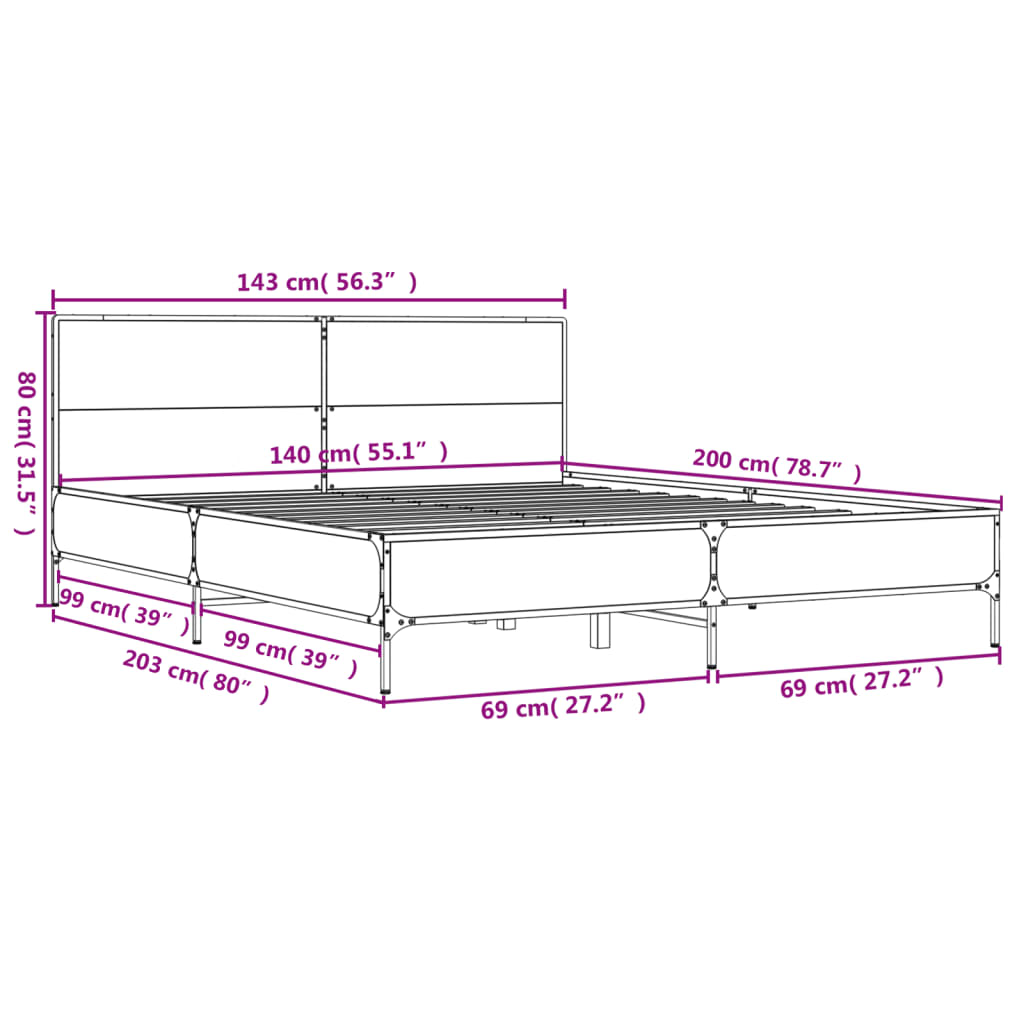 vidaXL Sengeramme grå sonoma 140x200 cm konstruert tre og metall