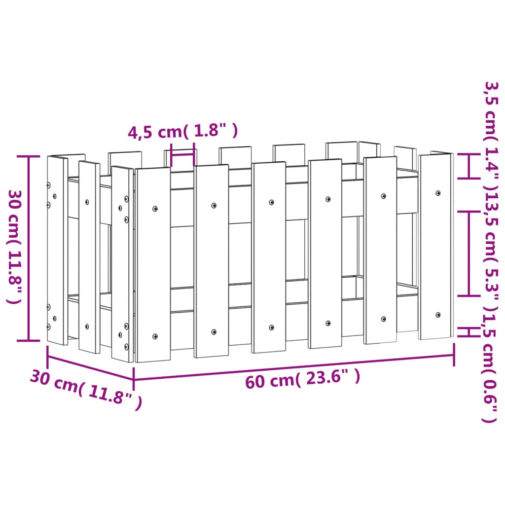 vidaXL Plantekasse med gjerdedesign 60x30x30 cm heltre furu