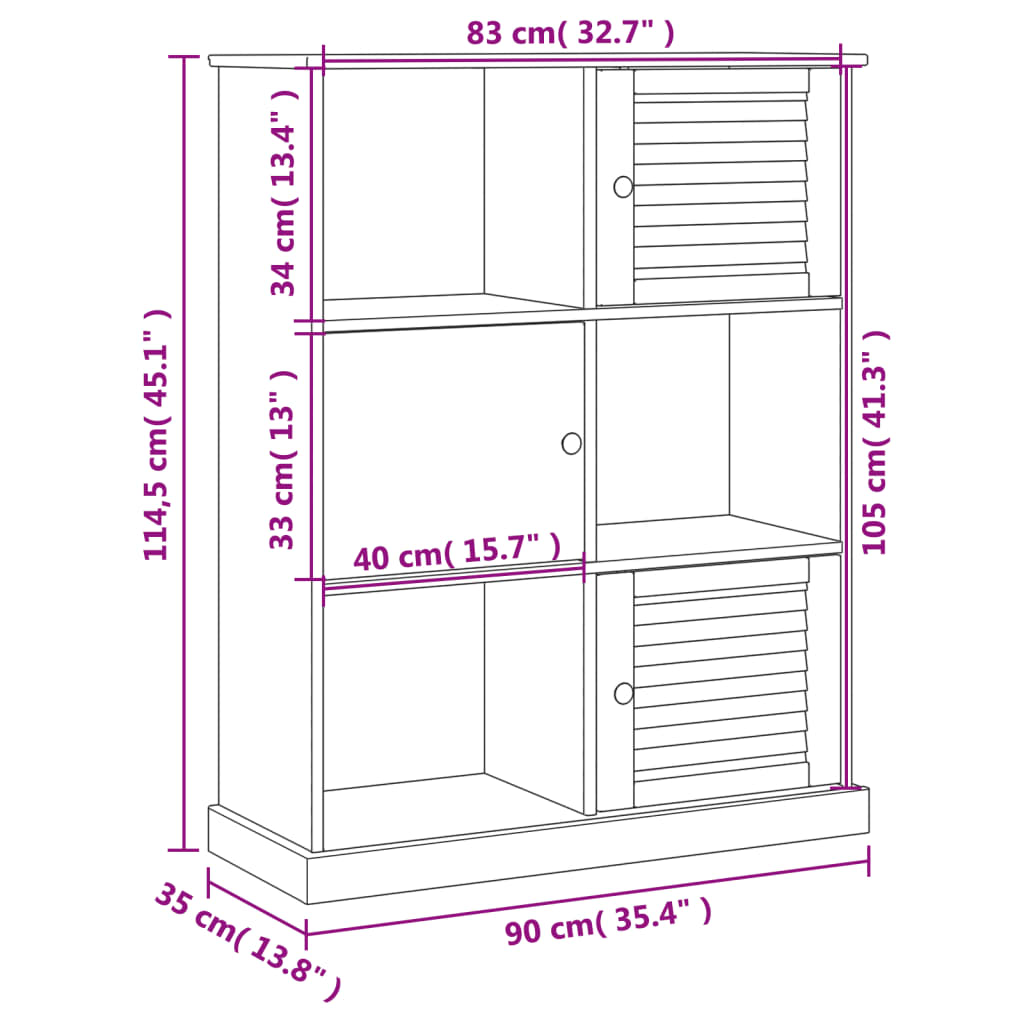 vidaXL Bokhylle VIGO grå 90x35x114,5 cm heltre furu