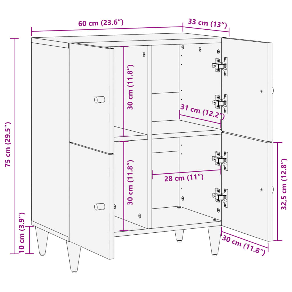 vidaXL Sideskap 60x33x75 cm heltre mango