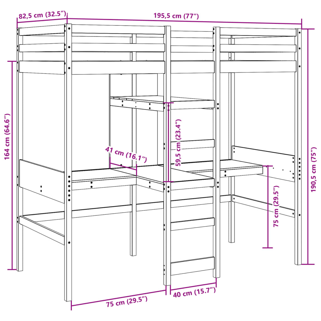 vidaXL Ramme for loftseng uten madrass 75x190 cm heltre furu