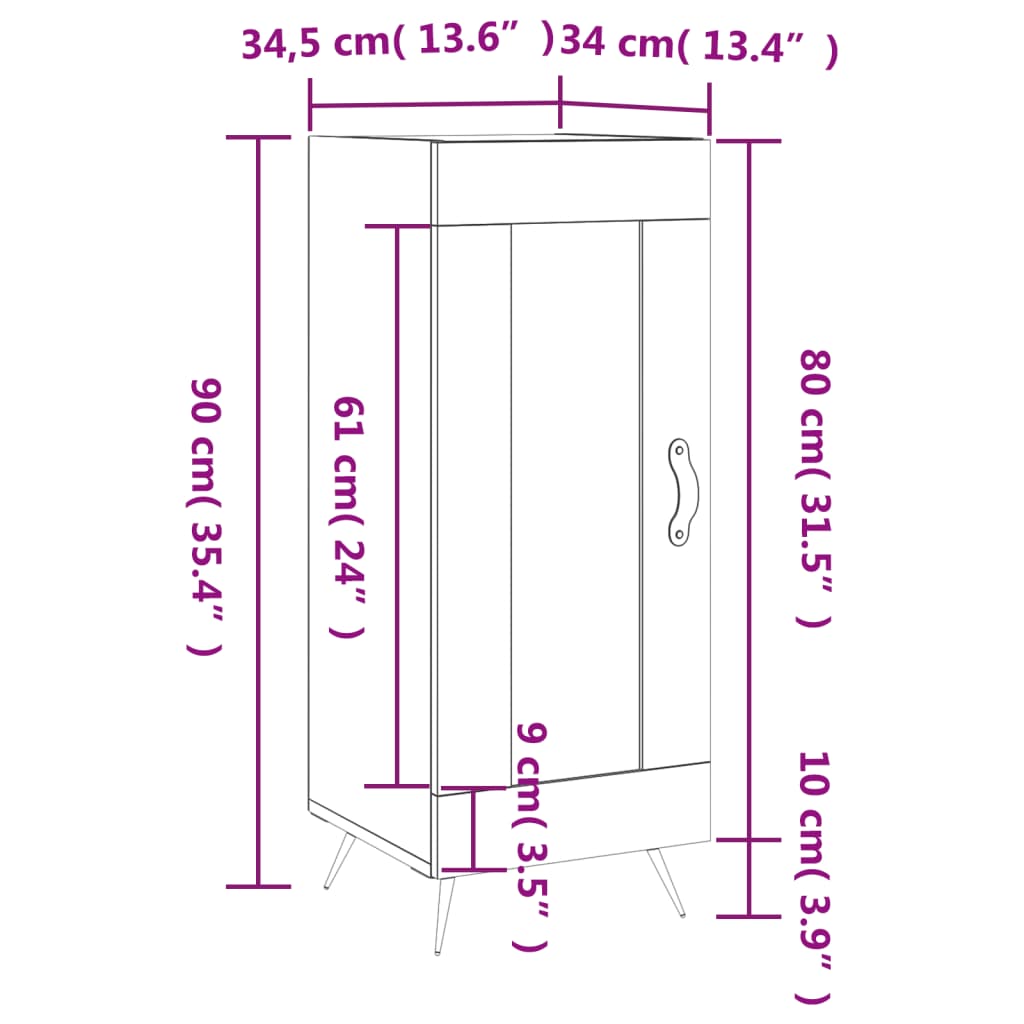 vidaXL Skjenk høyglans hvit 34,5x34x90 cm konstruert tre