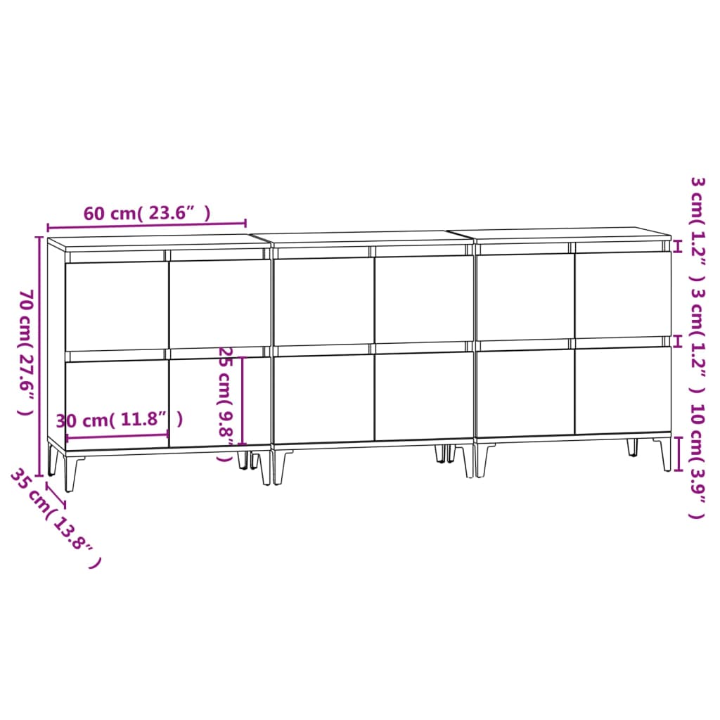 vidaXL Skjenker 3 stk grå sonoma 60x35x70 cm konstruert tre