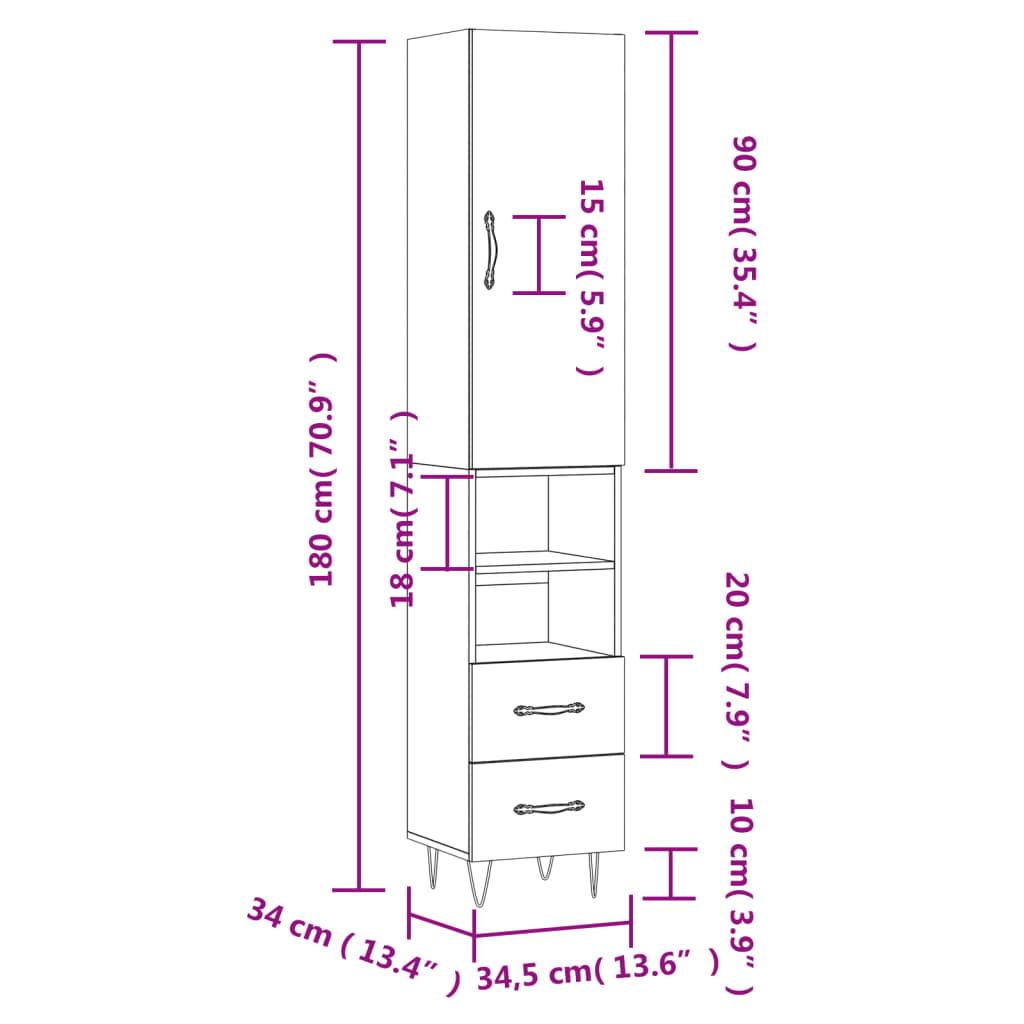 vidaXL Highboard grå sonoma 34,5x34x180 cm konstruert tre