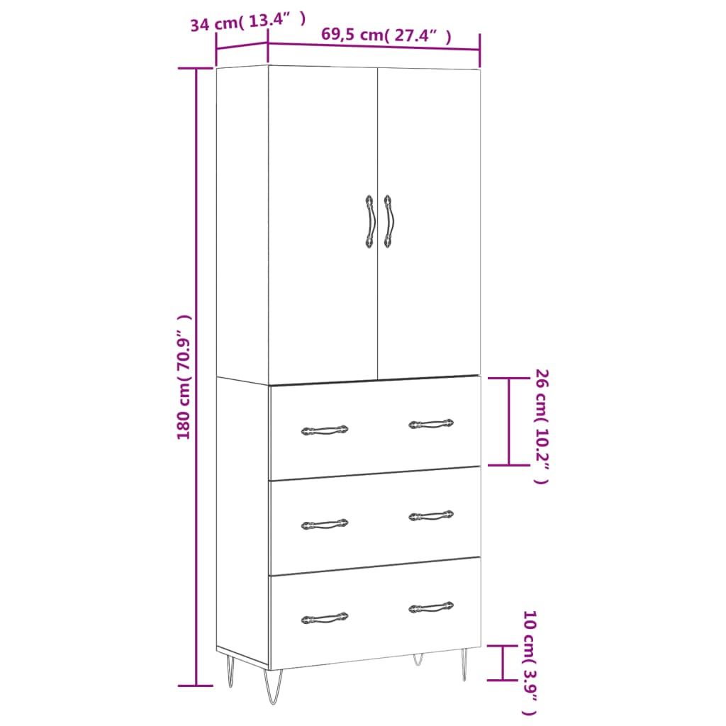 vidaXL Highboard brun eik 69,5x34x180 cm konstruert tre