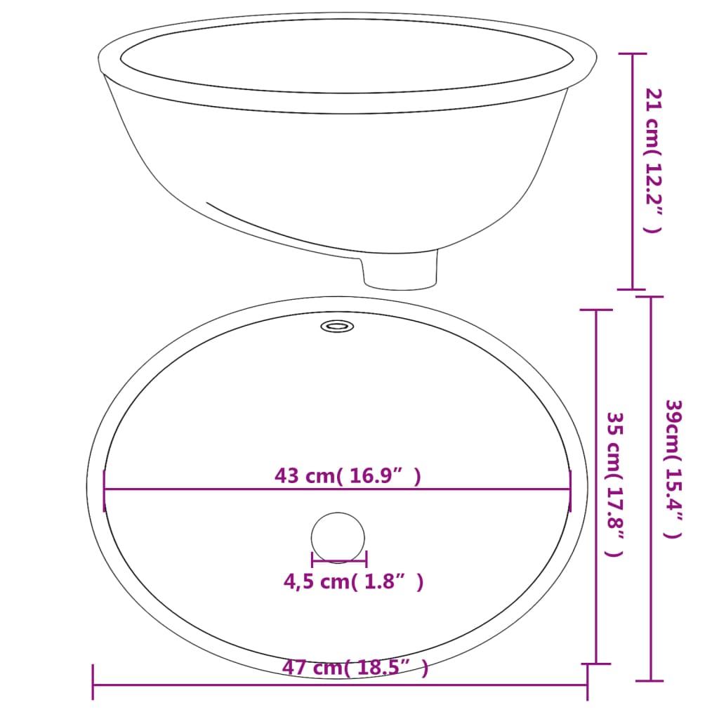 vidaXL Baderomsvask hvit 47x39x21 cm rektangulær keramikk