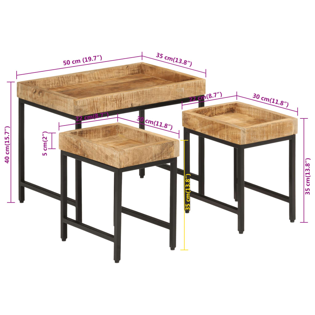 vidaXL Stablebare salongbord 3 stk grovt heltre mangotre og jern