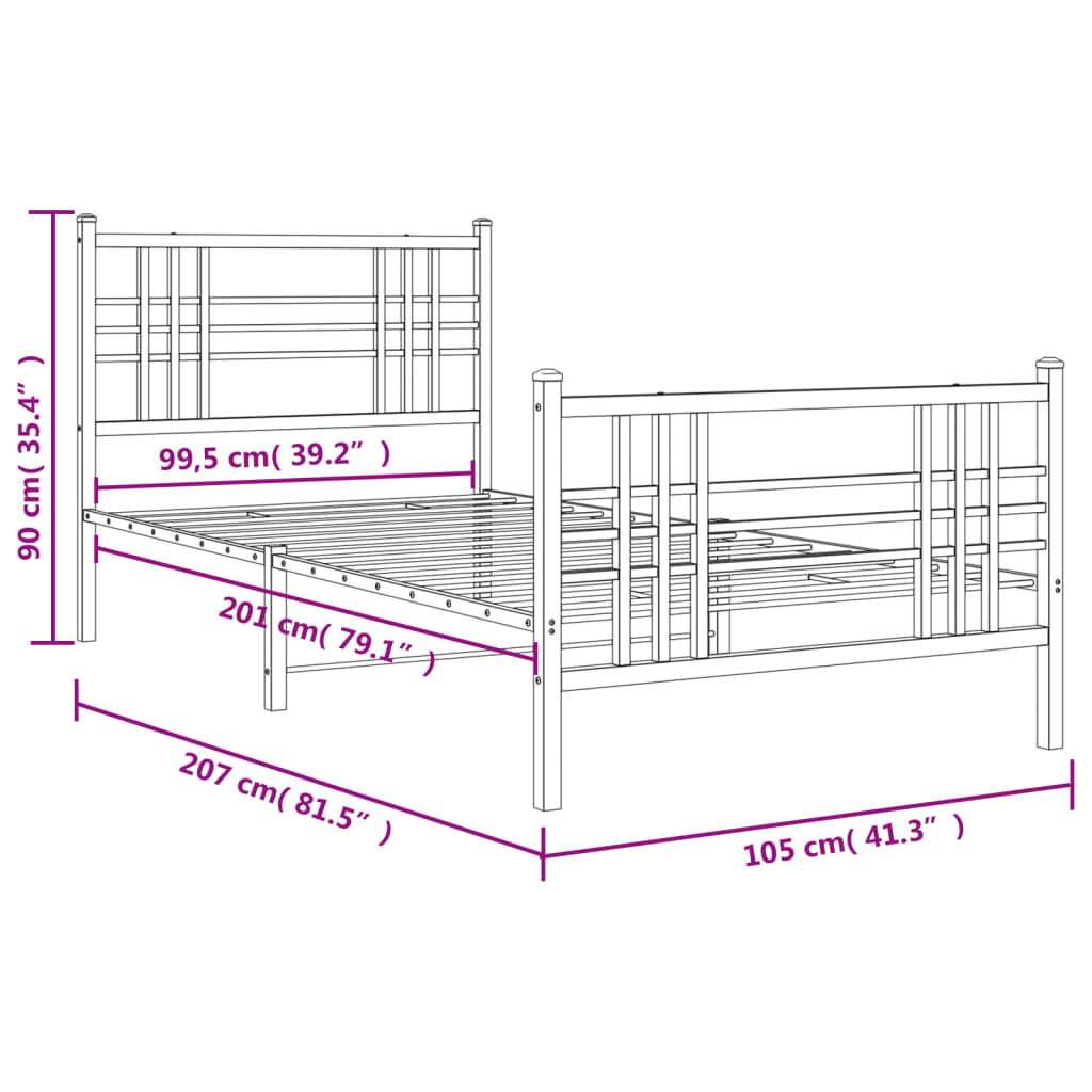 vidaXL Sengeramme i metall med hode- og fotgavl hvit 100x200 cm