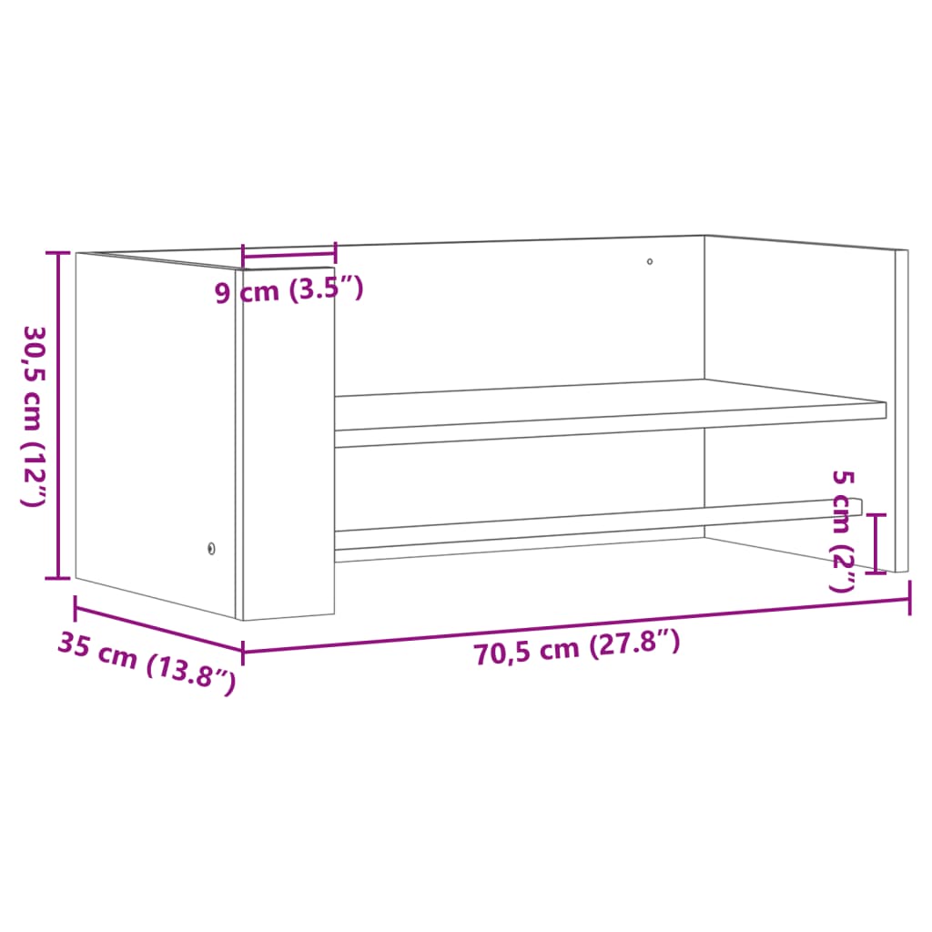 vidaXL Vegghylle brun eik 70,5x35x30,5 cm konstruert tre