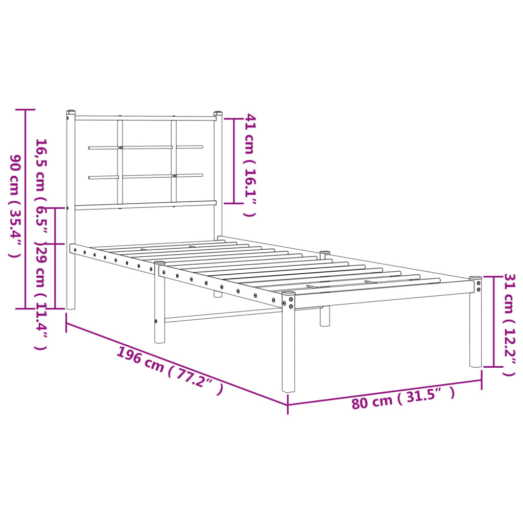 vidaXL Sengeramme i metall uten madrass med hodegavl hvit 75x190 cm