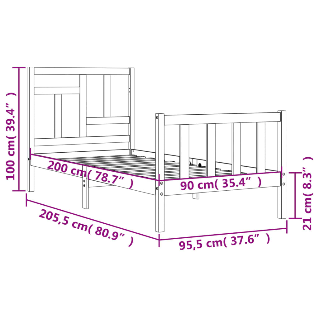 vidaXL Sengeramme med hodegavl 90x200 cm heltre