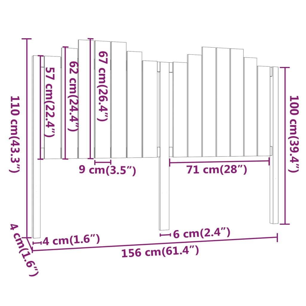 vidaXL Sengegavl svart 156x4x110 cm heltre furu