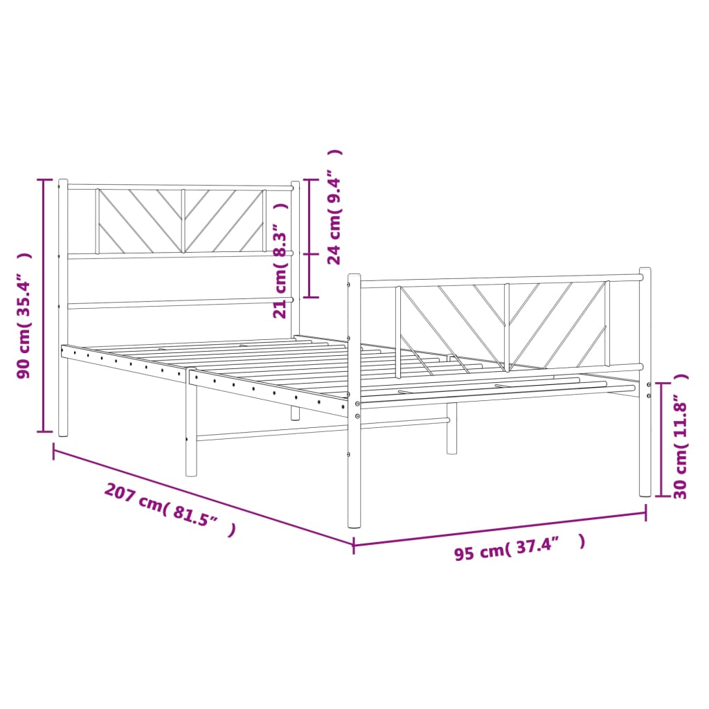 vidaXL Sengeramme i metall med hode- og fotgavl hvit 90x200 cm