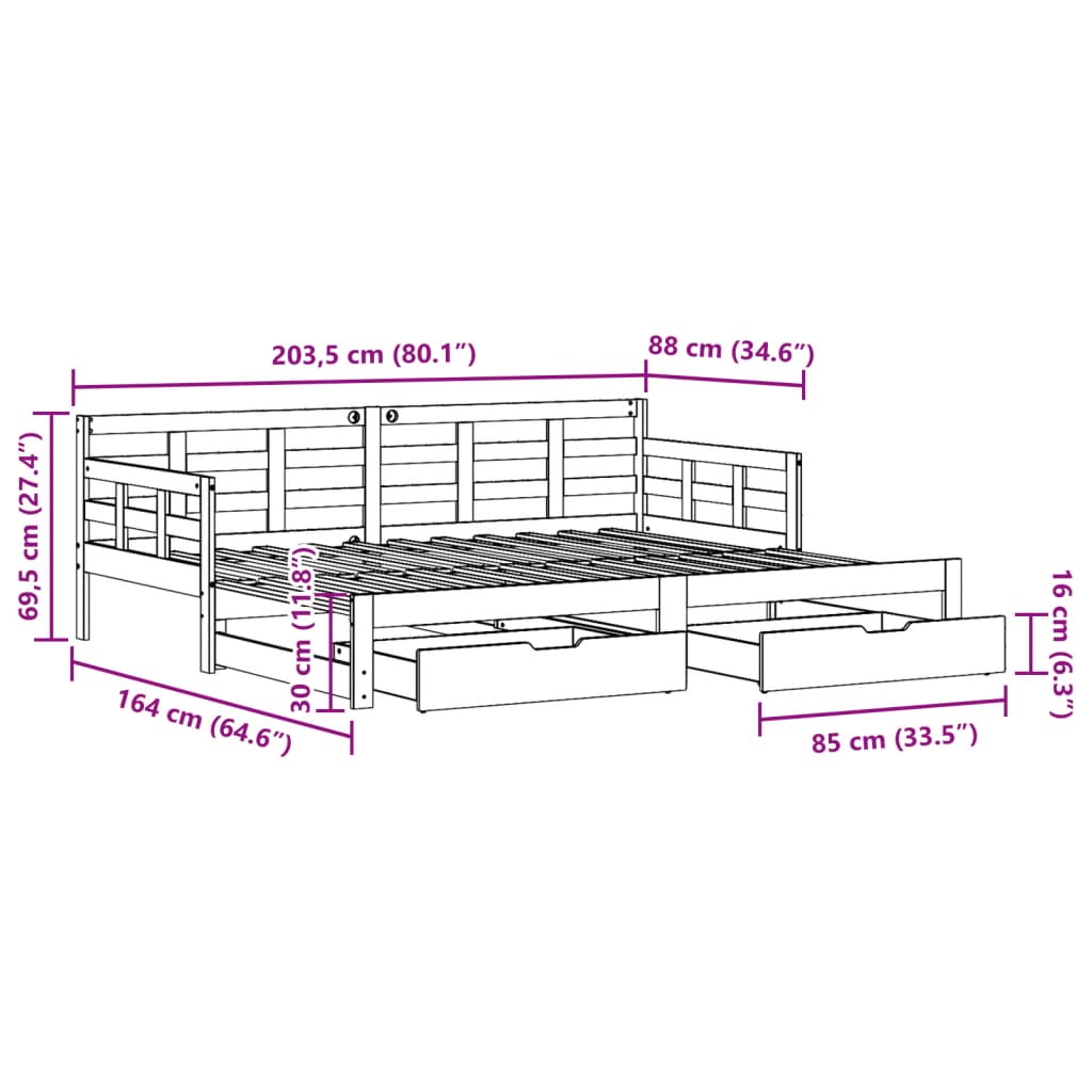 vidaXL Uttrekkbar dagseng med skuffer 80x200 cm heltre furu