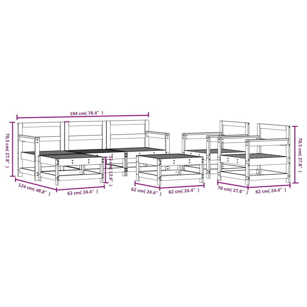 vidaXL Hagesofagruppe 7 deler hvit heltre furu