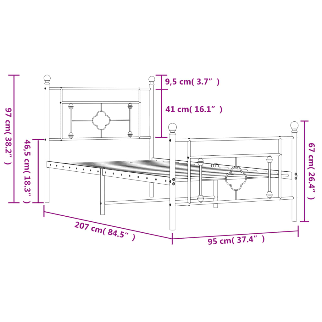 vidaXL Sengeramme i metall med hode- og fotgavl svart 90x200 cm