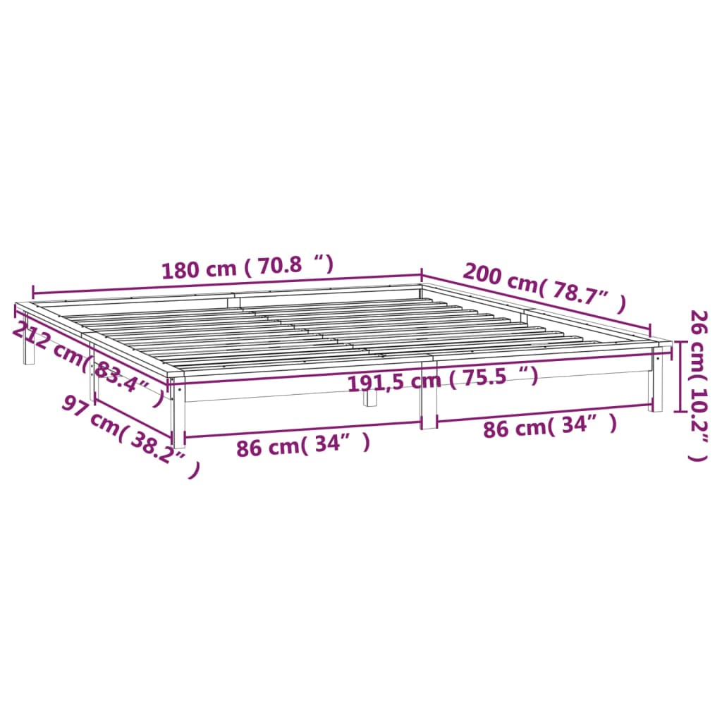 vidaXL Sengeramme med LED 180x200 cm Super King heltre