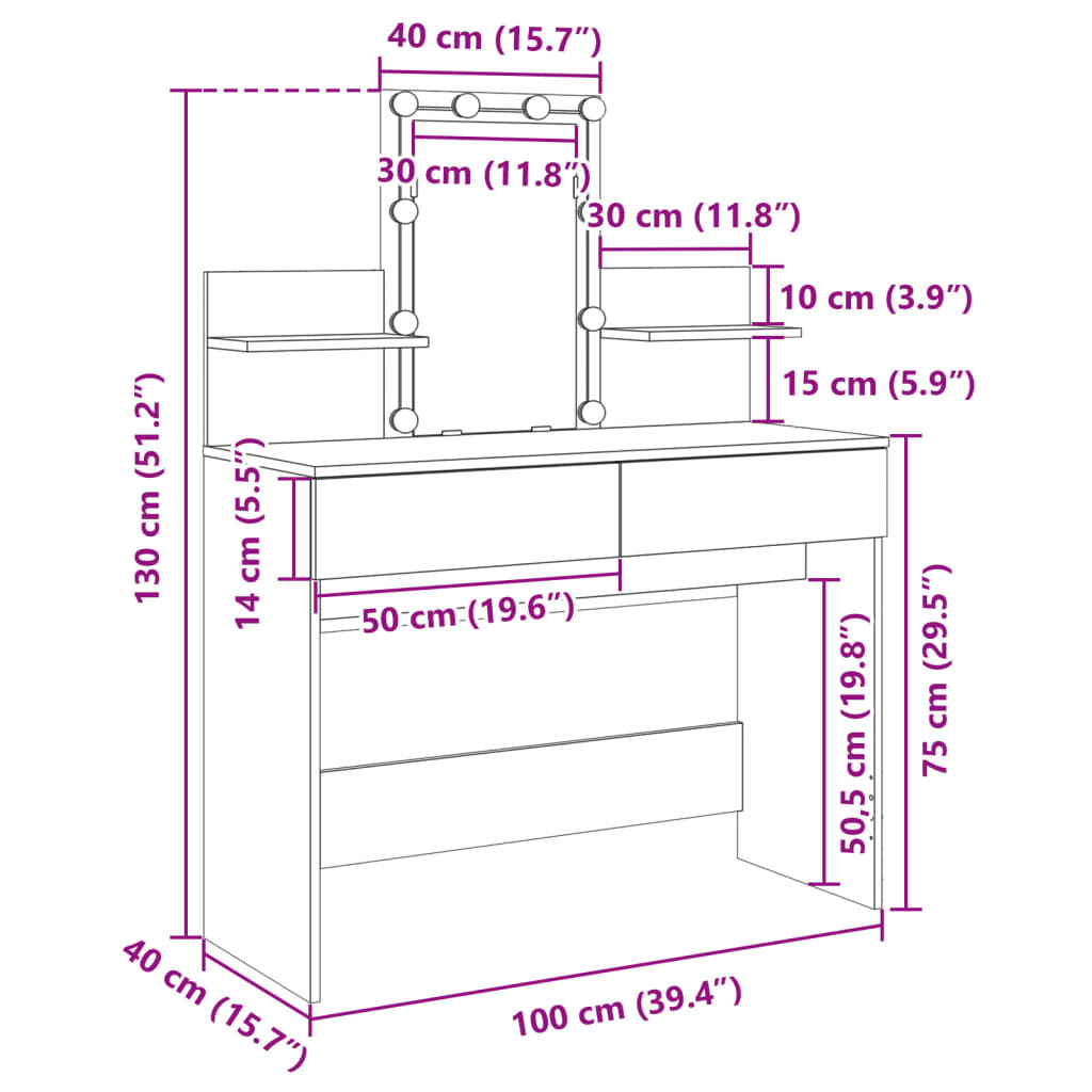 vidaXL Sminkebord med LED brun eik 100x40x130 cm