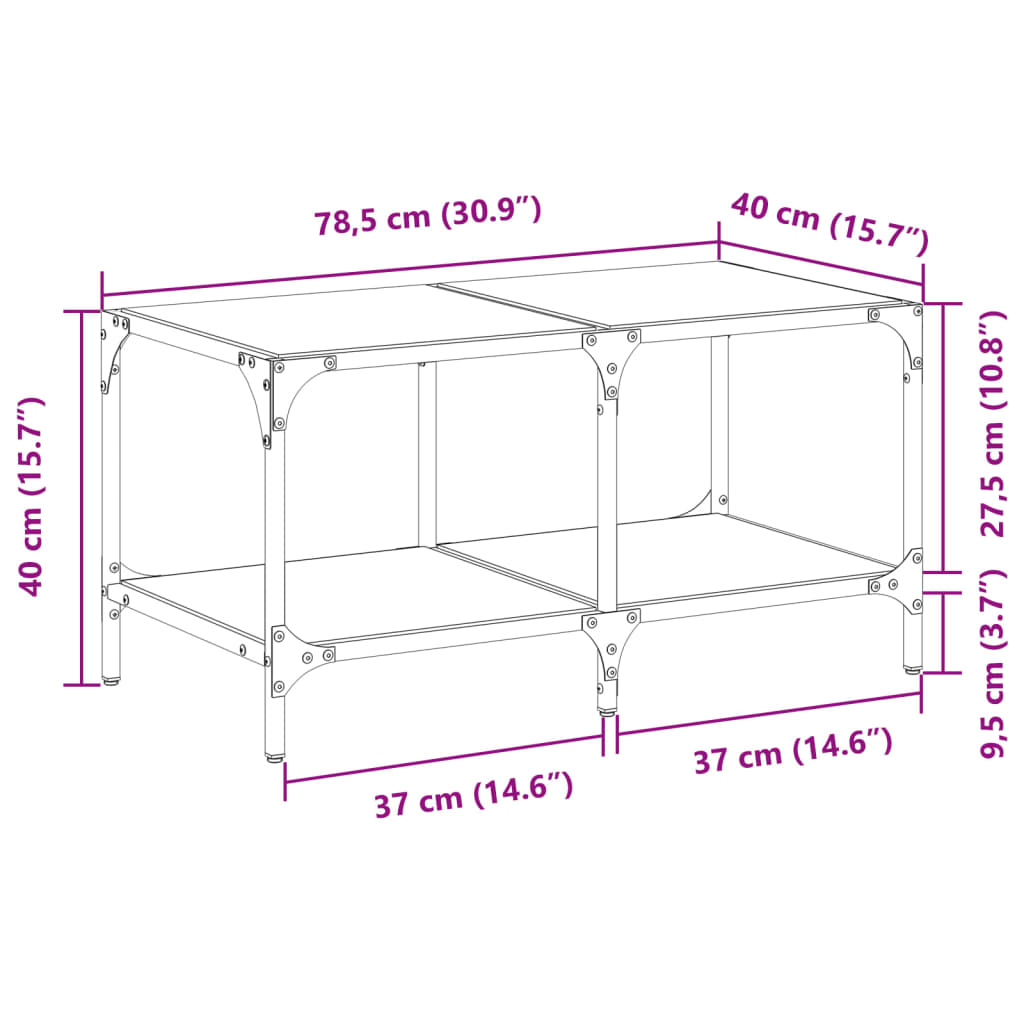 vidaXL Sofabord med gjennomsiktig glassplate 78,5x40x40 cm stål