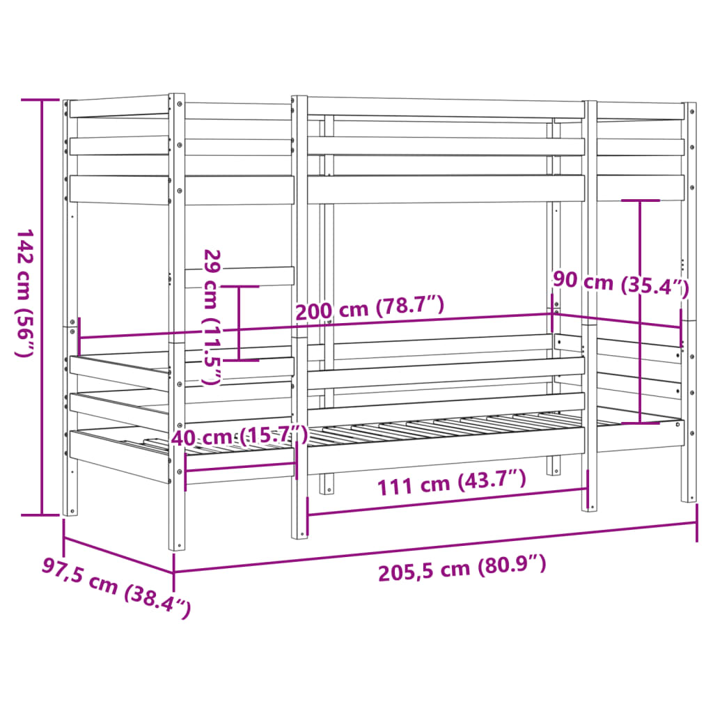 vidaXL Køyeseng voksbrun 90x200 cm heltre furu