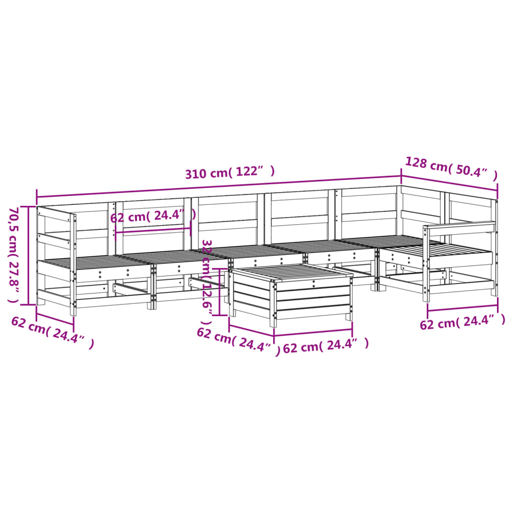 vidaXL Hagesofasett 7 deler hvit heltre furu