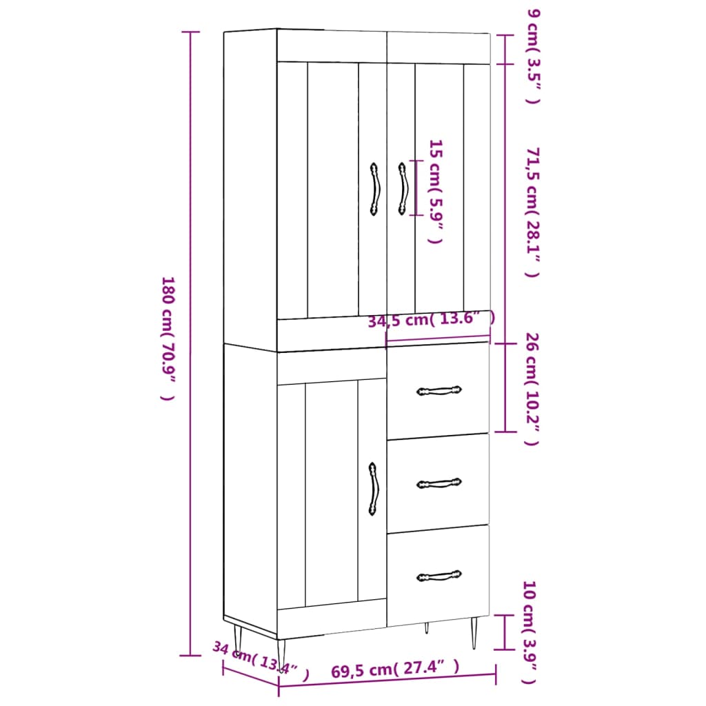 vidaXL Highboard betonggrå 69,5x34x180 cm konstruert tre