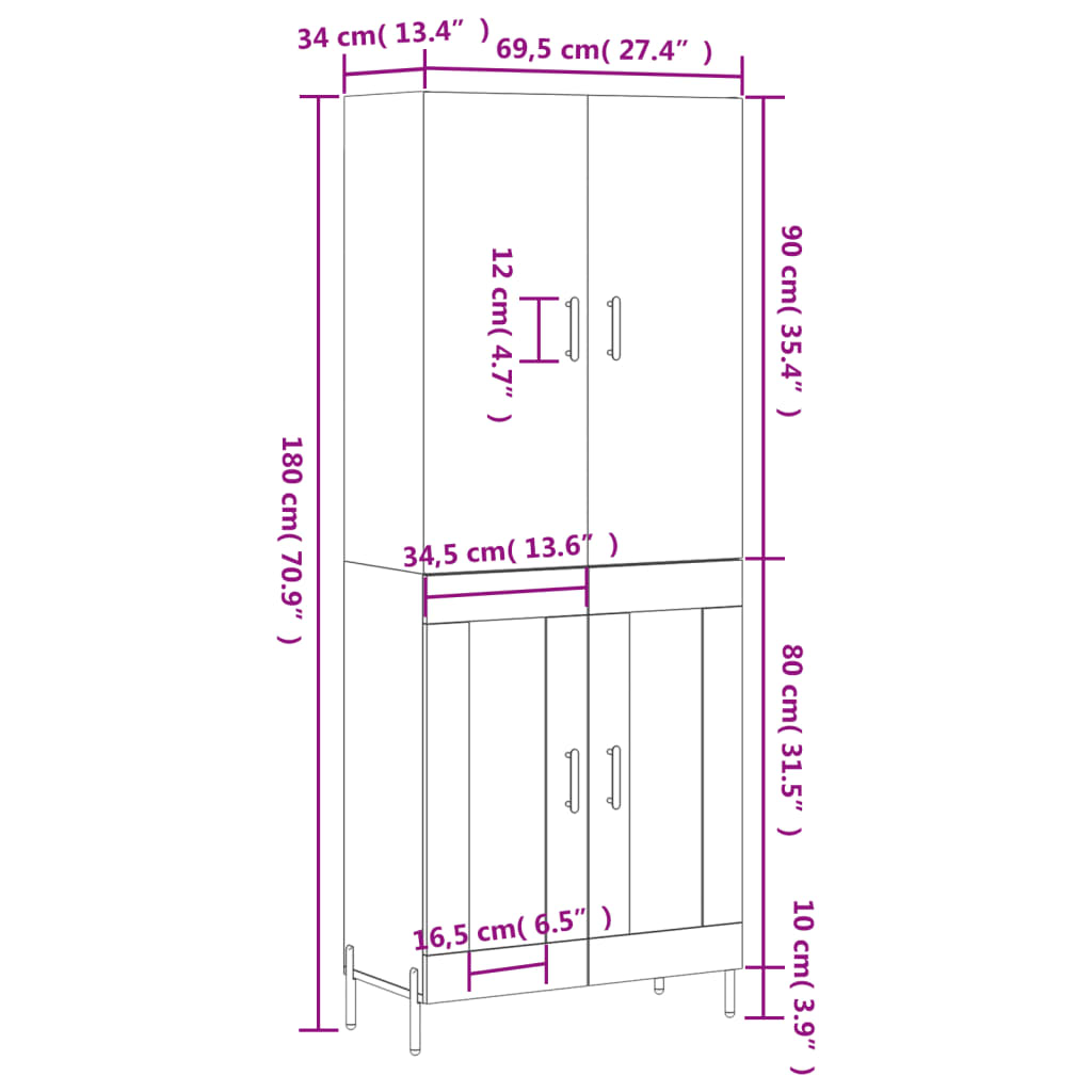 vidaXL Highboard hvit 69,5x34x180 cm konstruert tre