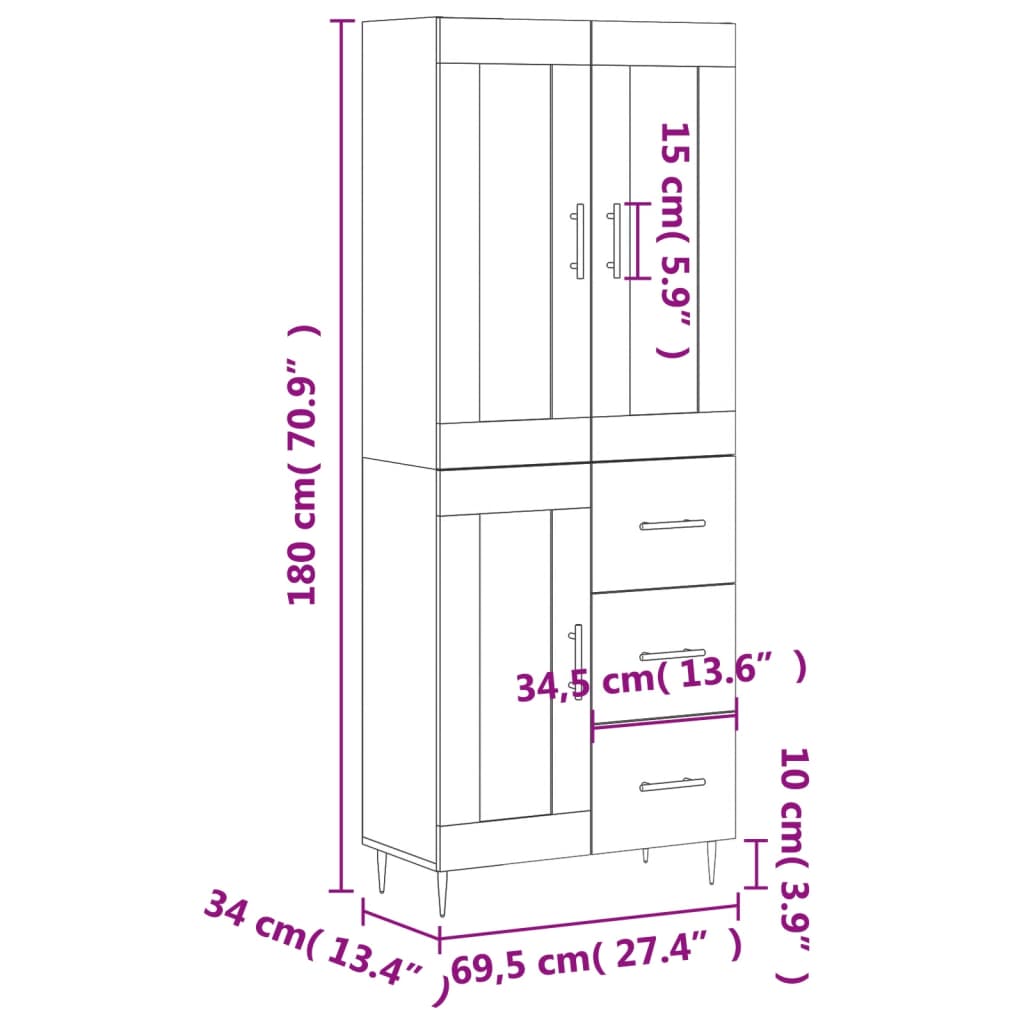 vidaXL Highboard røkt eik 69,5x34x180 cm konstruert tre