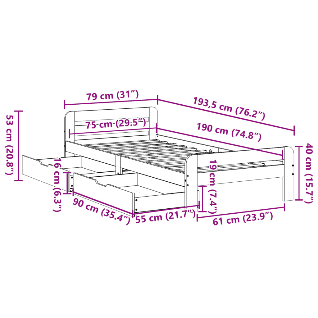 vidaXL Sengeramme uten madrass 75x190 cm heltre furu