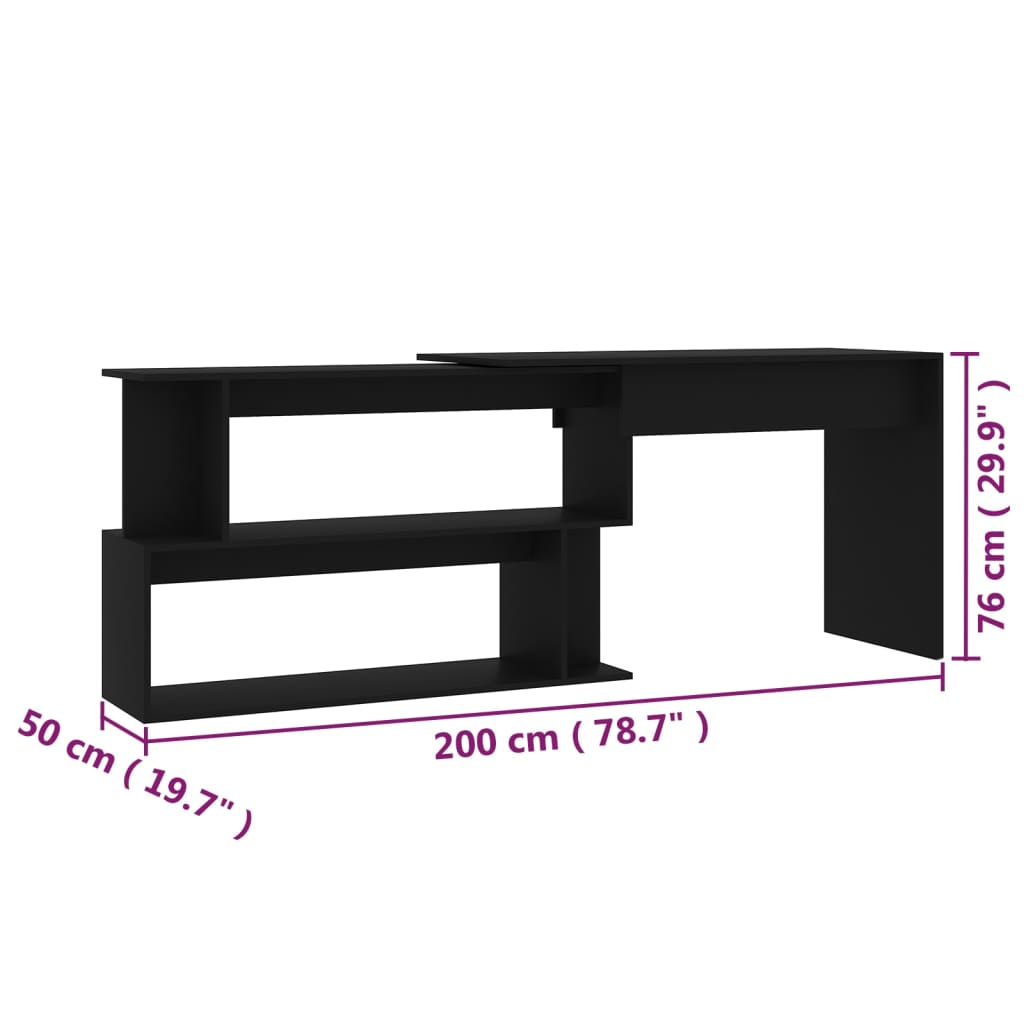 vidaXL Skrivebord for hjørne svart 200x50x76 cm konstruert tre