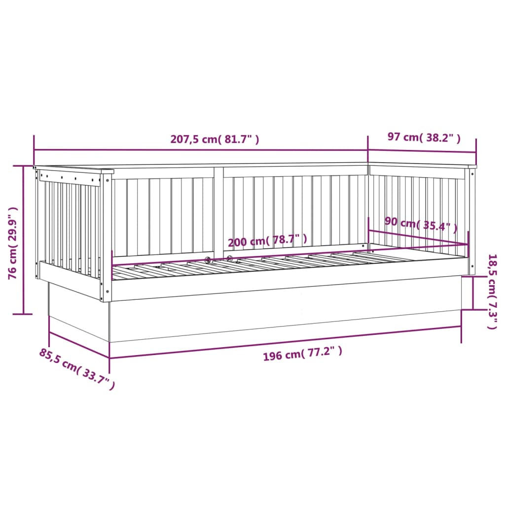 vidaXL Dagseng svart 90x200 cm heltre furu