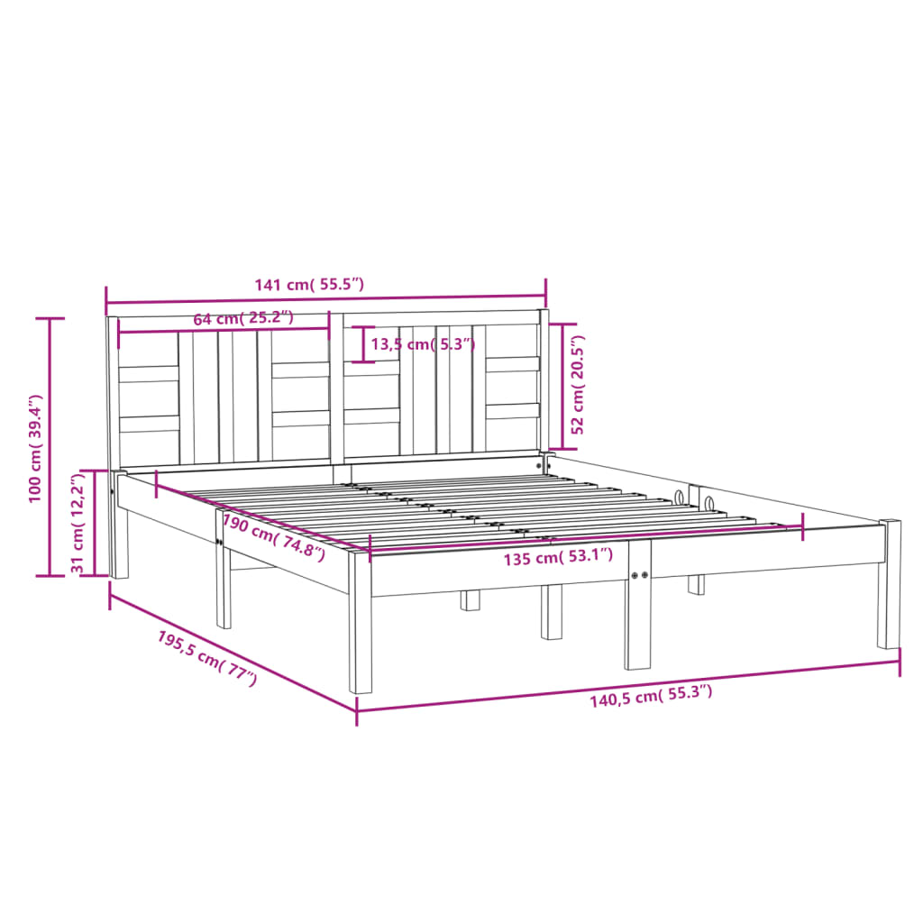 vidaXL Sengeramme heltre 135x190 cm Double