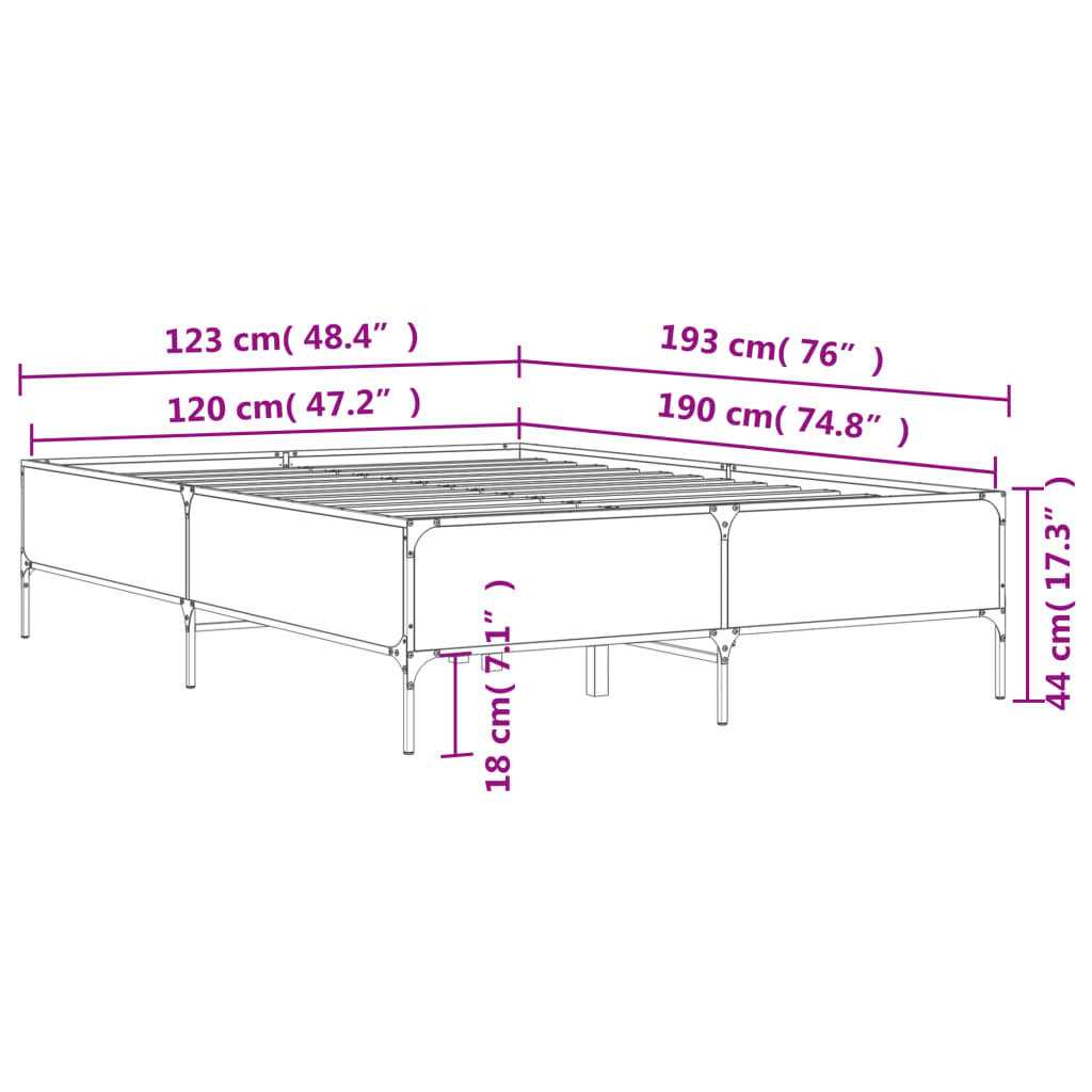 vidaXL Sengeramme røkt eik 120x190 cm konstruert tre og metall