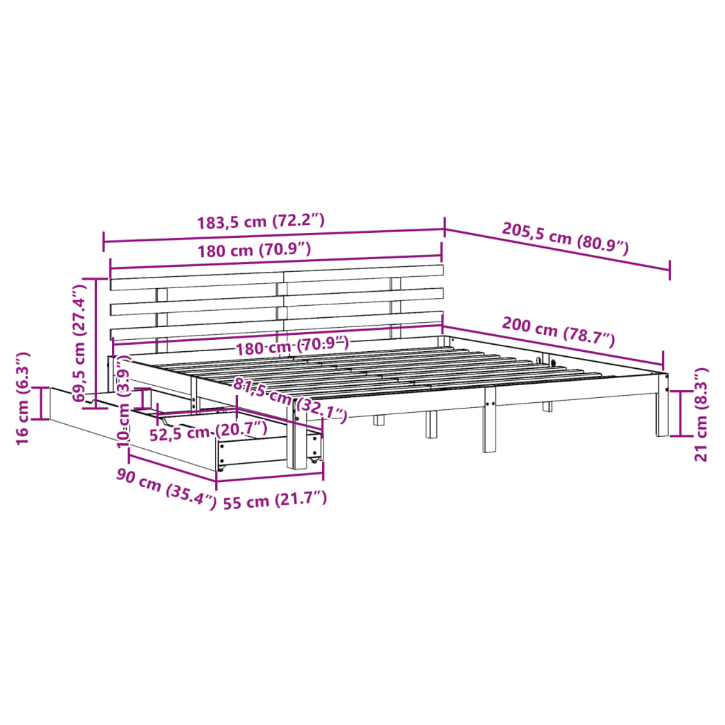 vidaXL Sengeramme med skuffer hvit 180x200 cm heltre furu