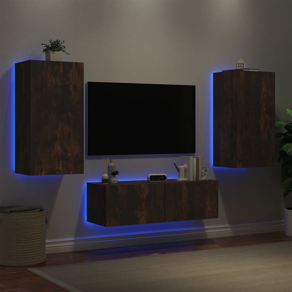 vidaXL Vegghengte TV-benker med LED 3 stk røkt eik