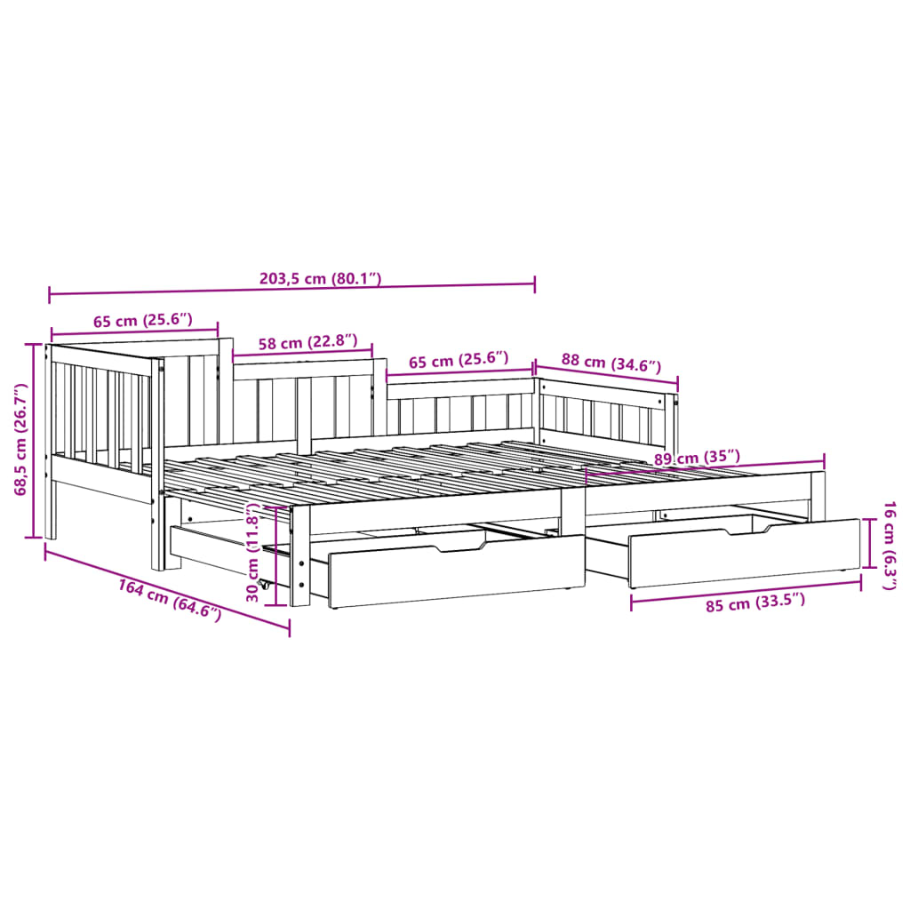 vidaXL Uttrekkbar dagseng med skuffer hvit 80x200 cm heltre furu