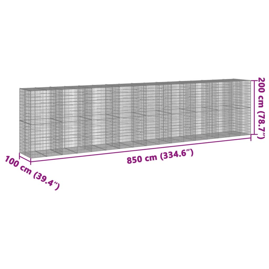 vidaXL Gabionkurv med deksel 850x100x200 cm galvanisert jern