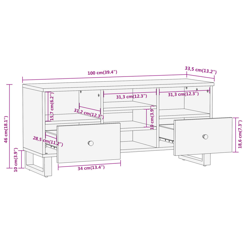 vidaXL TV-benk brun og svart 100x33,5x46 cm heltre mango