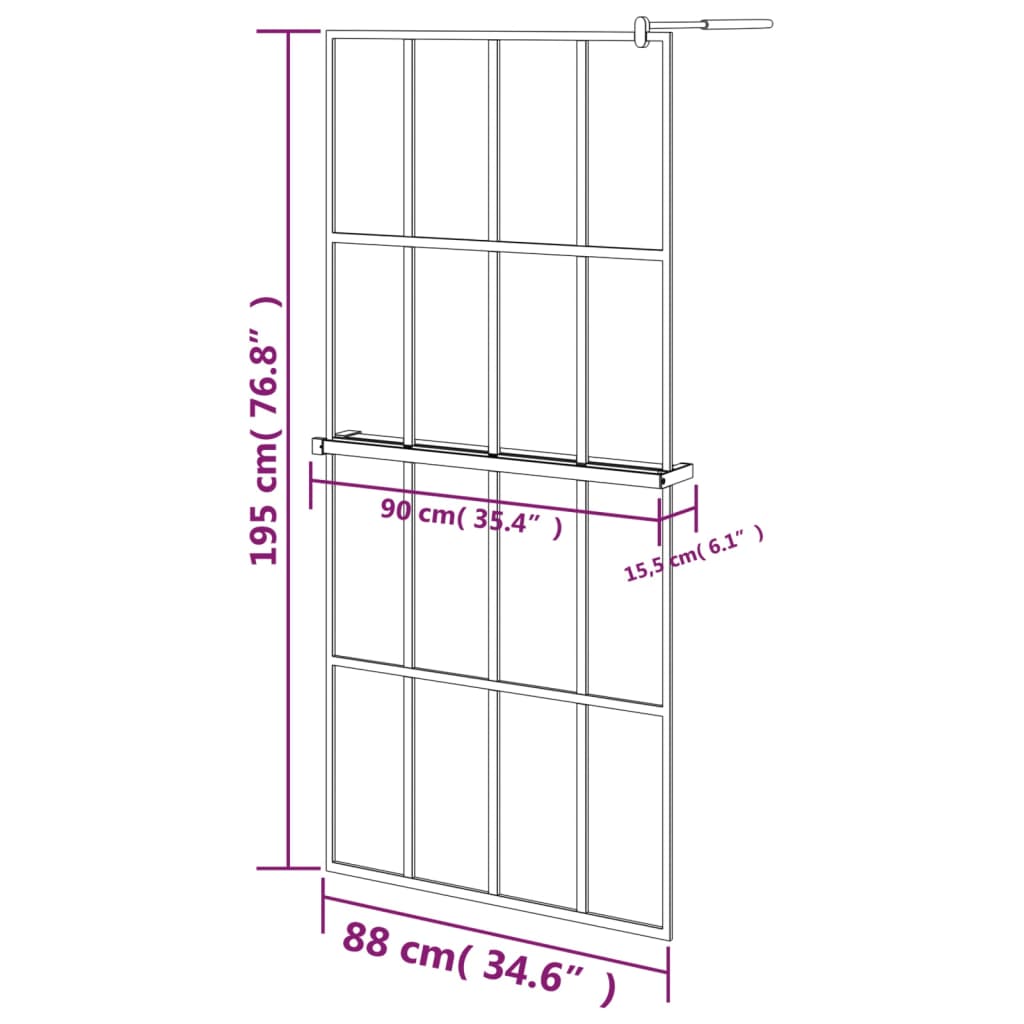 vidaXL Dusjvegg med hylle svart 90x195 cm ESG-glass og aluminium