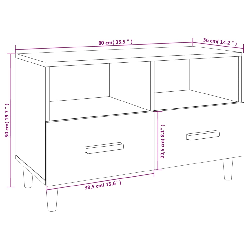 vidaXL TV-benk brun eik 80x36x50 cm konstruert tre