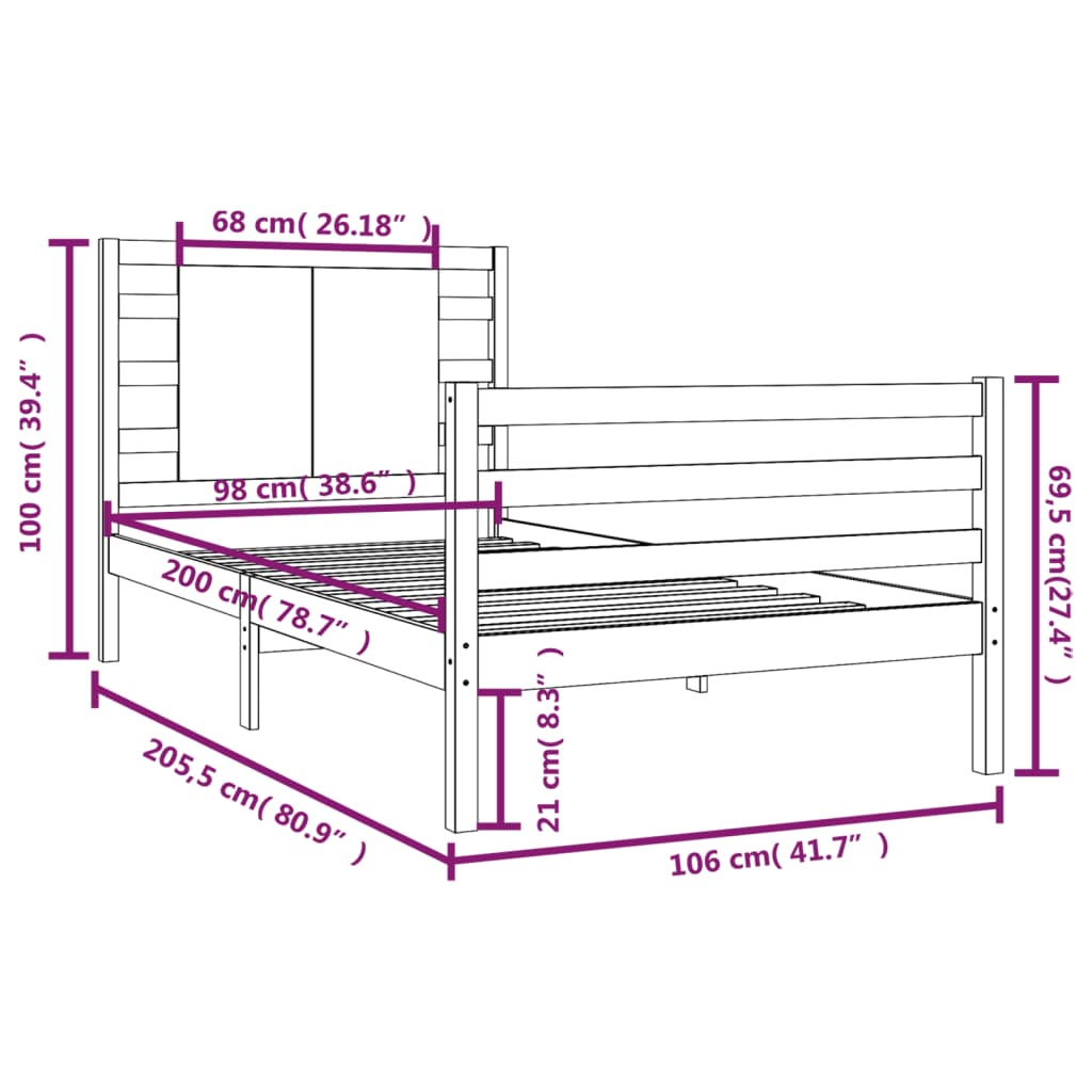 vidaXL Sengeramme svart heltre furu 100x200 cm