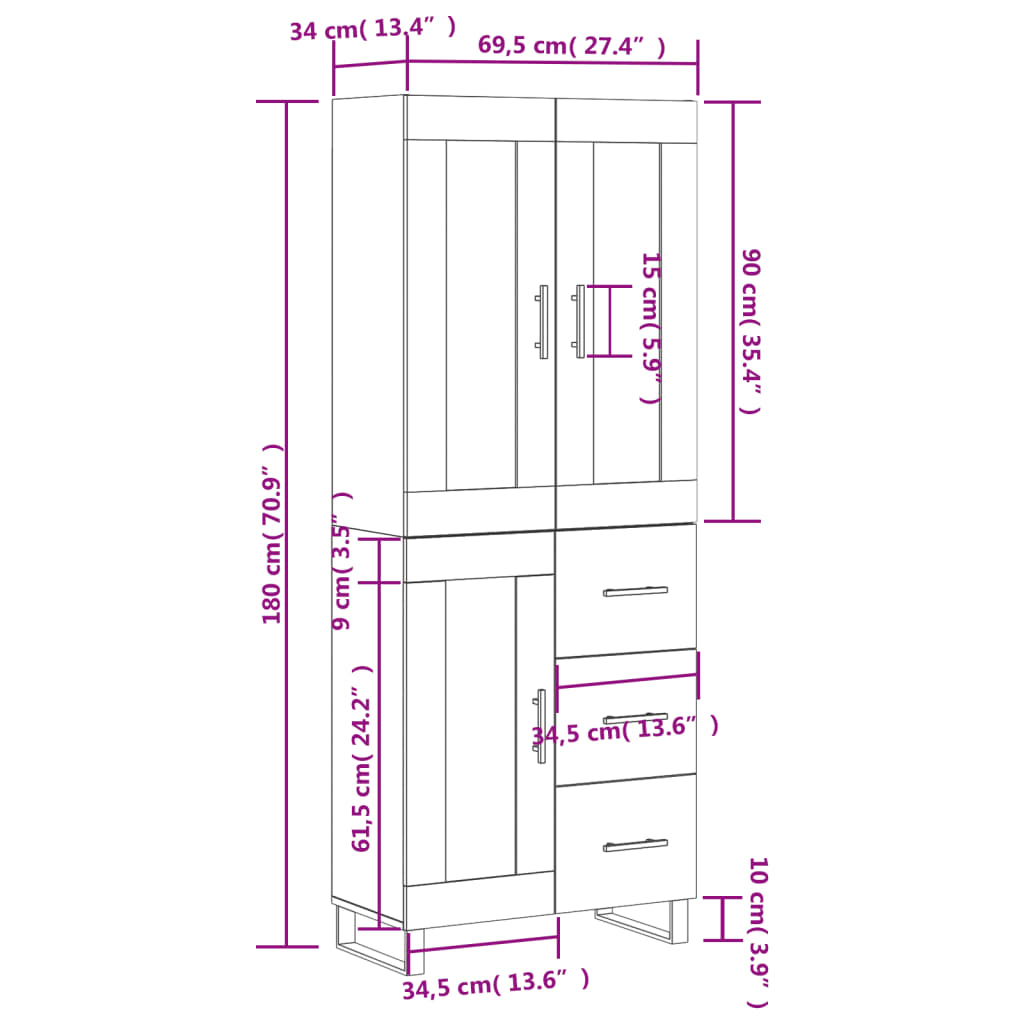 vidaXL Highboard høyglans hvit 69,5x34x180 cm konstruert tre