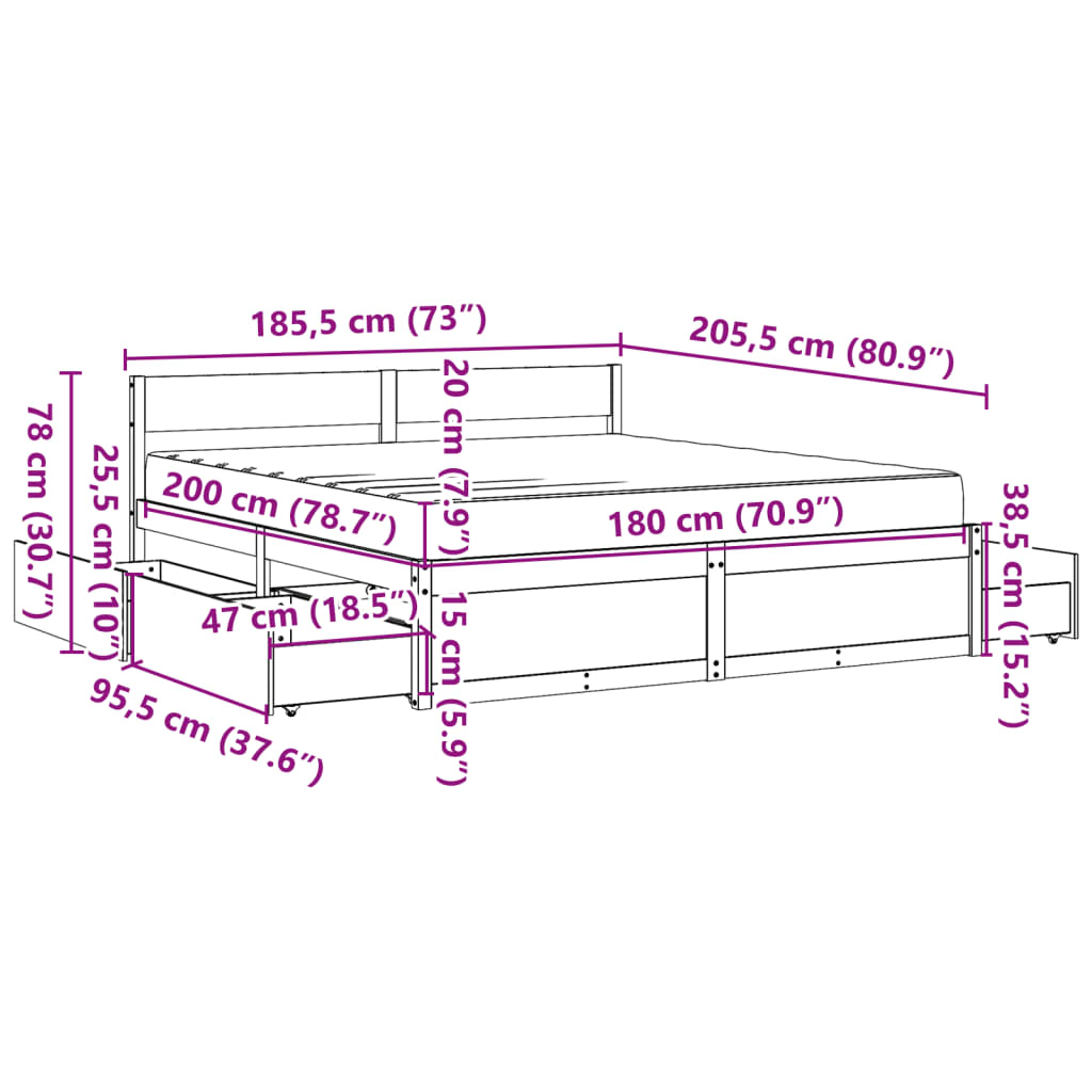 vidaXL Seng med skuffer og madrass voksbrun 180x200 cm heltre furu