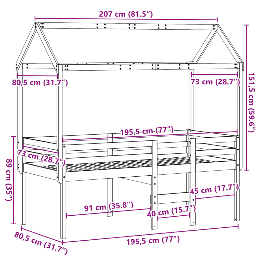 vidaXL Høyseng med tak voksbrun 75x190 cm heltre furu