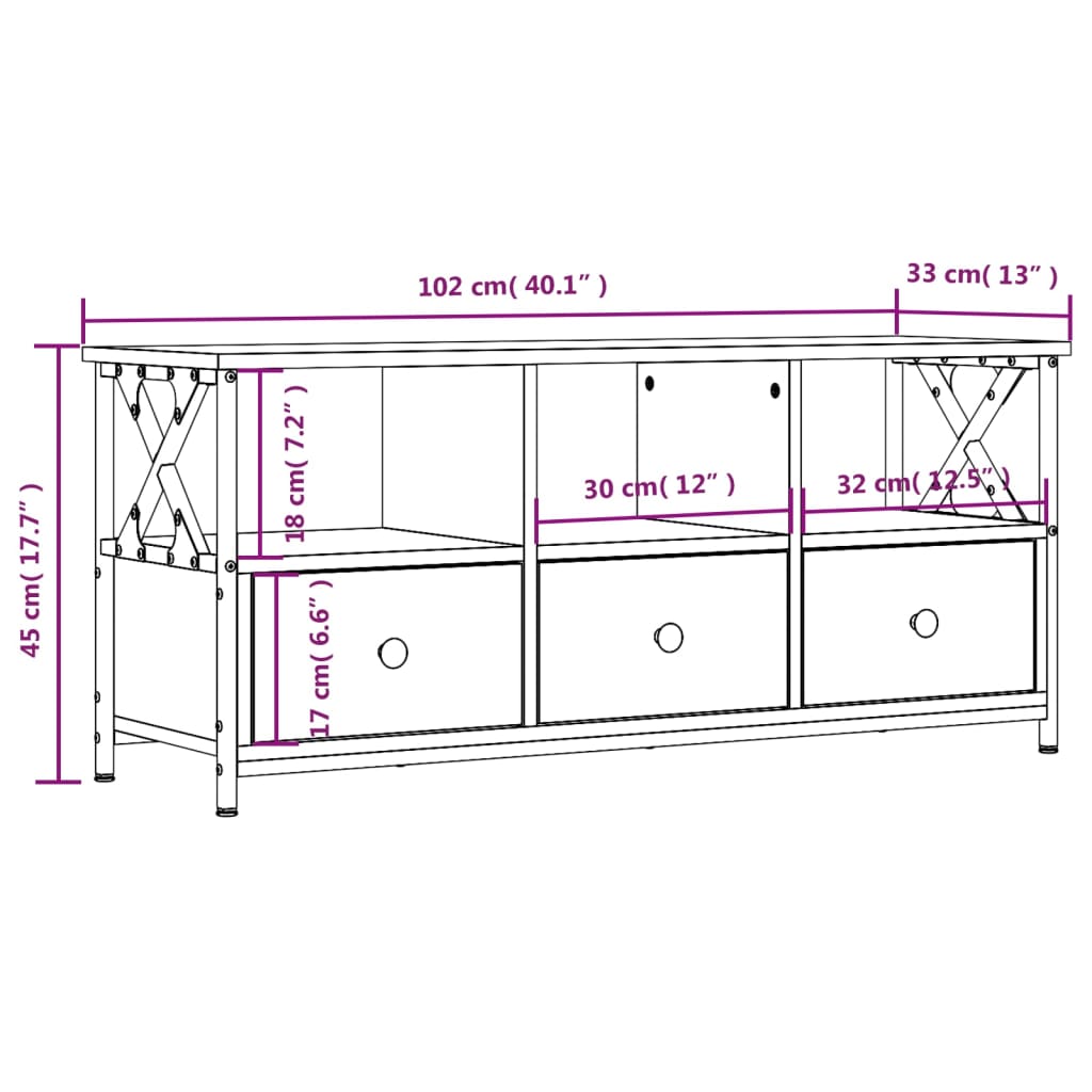 vidaXL TV-benk brun eik 102x33x45 cm konstruert tre og jern