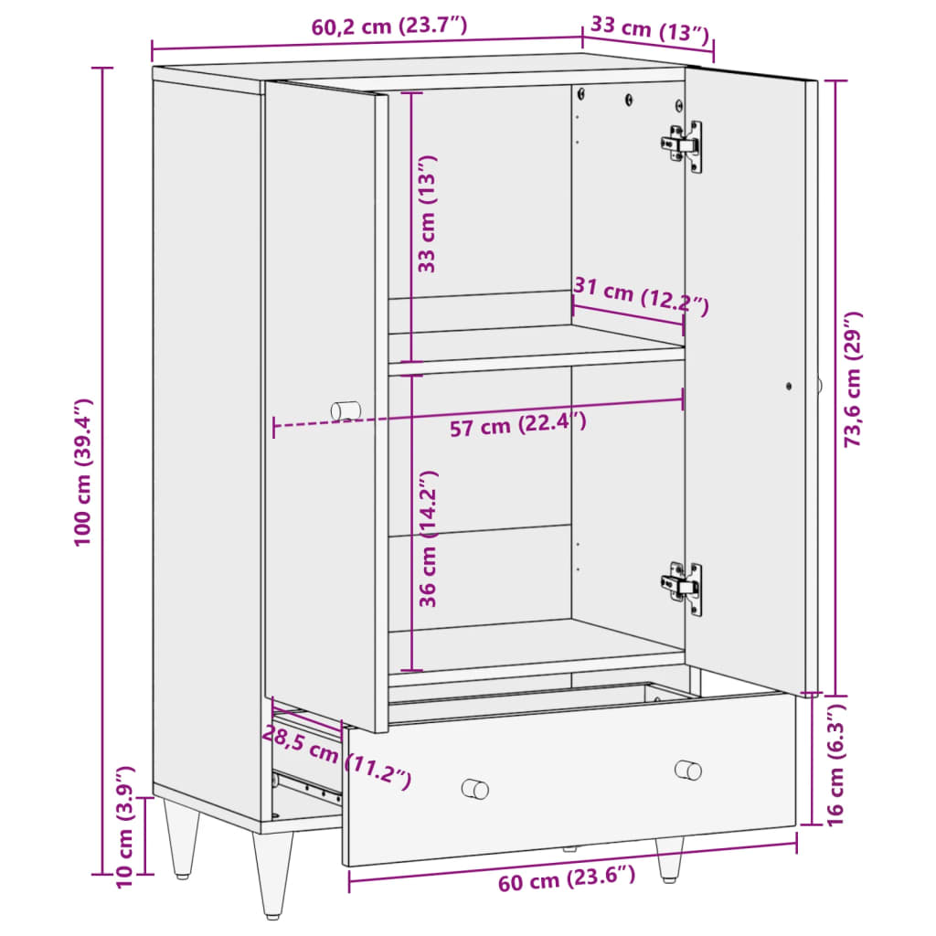 vidaXL Highboard 60x33x100 cm heltre mango